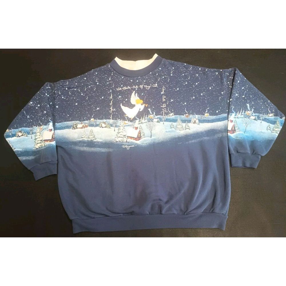Vtg 90s Guardian Angel Faded AOP Sweatshirt Boxy Art Snow God Heaven‎ Grunge